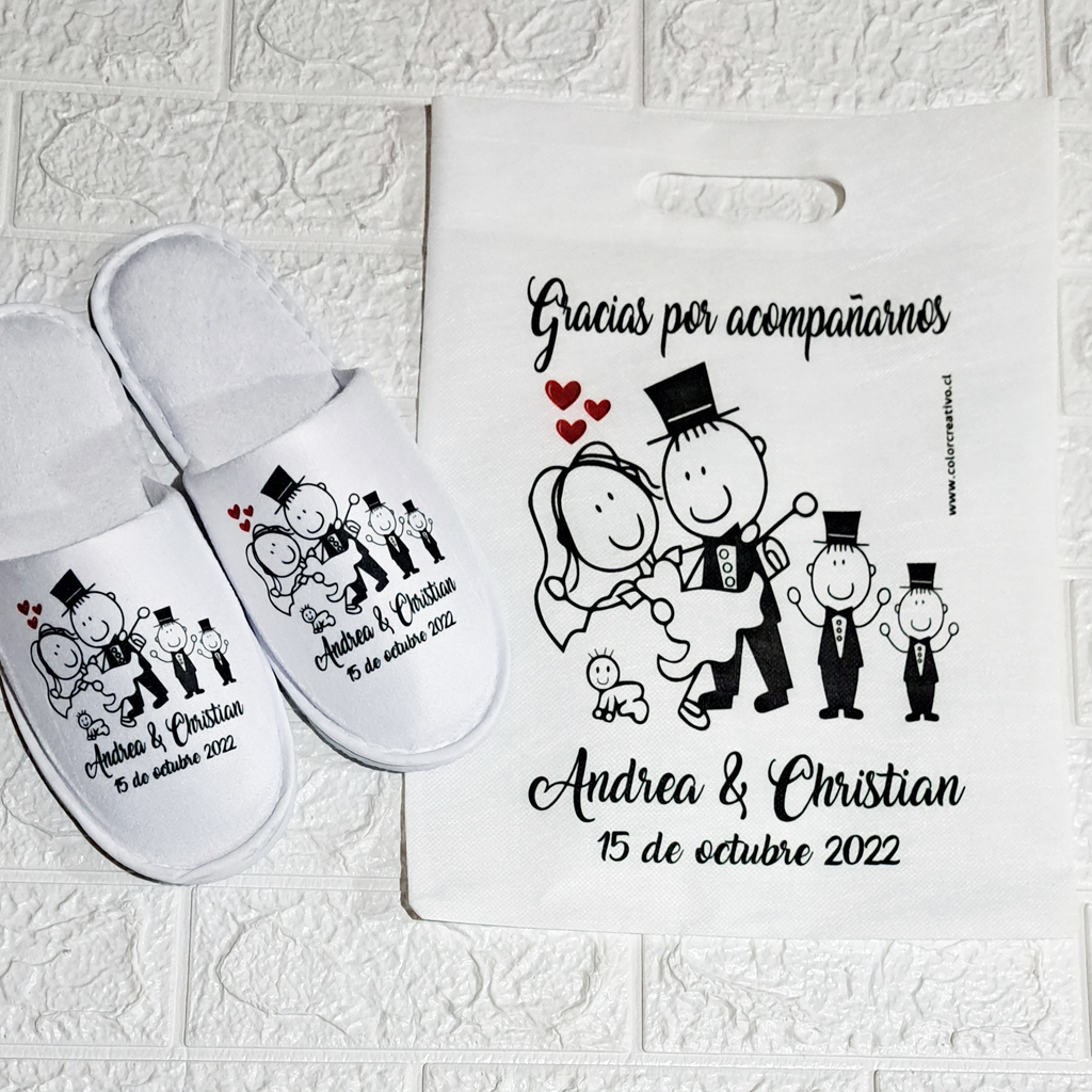 Pack Kits Recuerdo Personalizado para Matrimonio – Bolsa Plana + Pantuflas