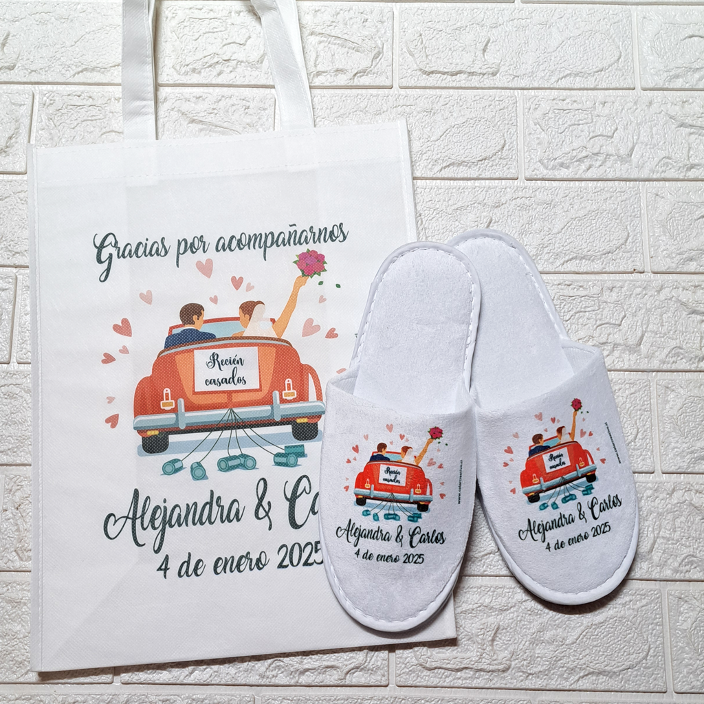 Pack Kits Recuerdo Personalizado para Matrimonio – Bolsas con fuelle + Pantuflas