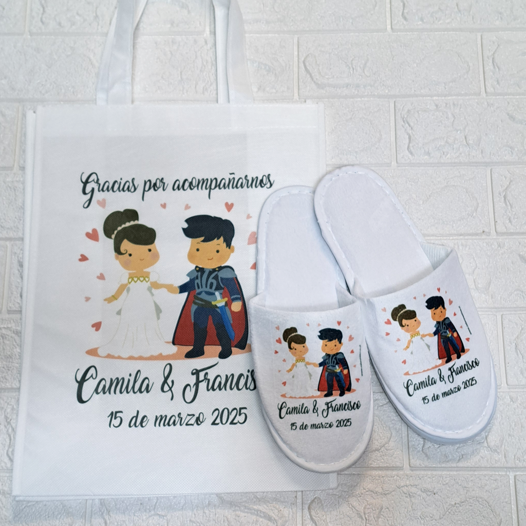Pack Kits Recuerdo Personalizado para Matrimonio – Bolsas con fuelle + Pantuflas