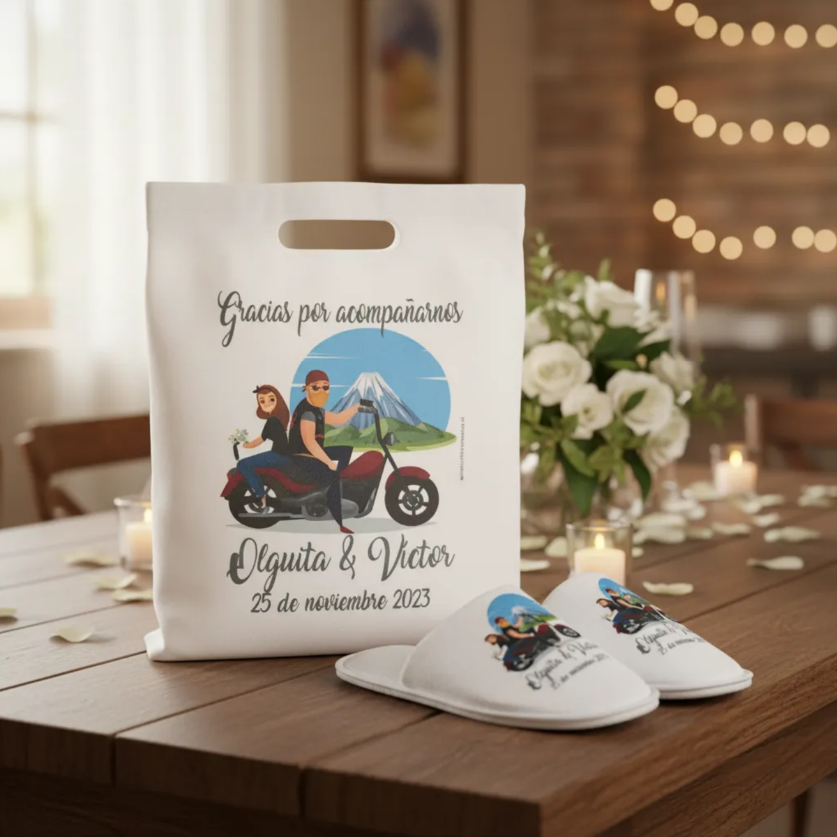 Pack Kits Recuerdo Personalizado para Matrimonio – Bolsa Plana + Pantuflas