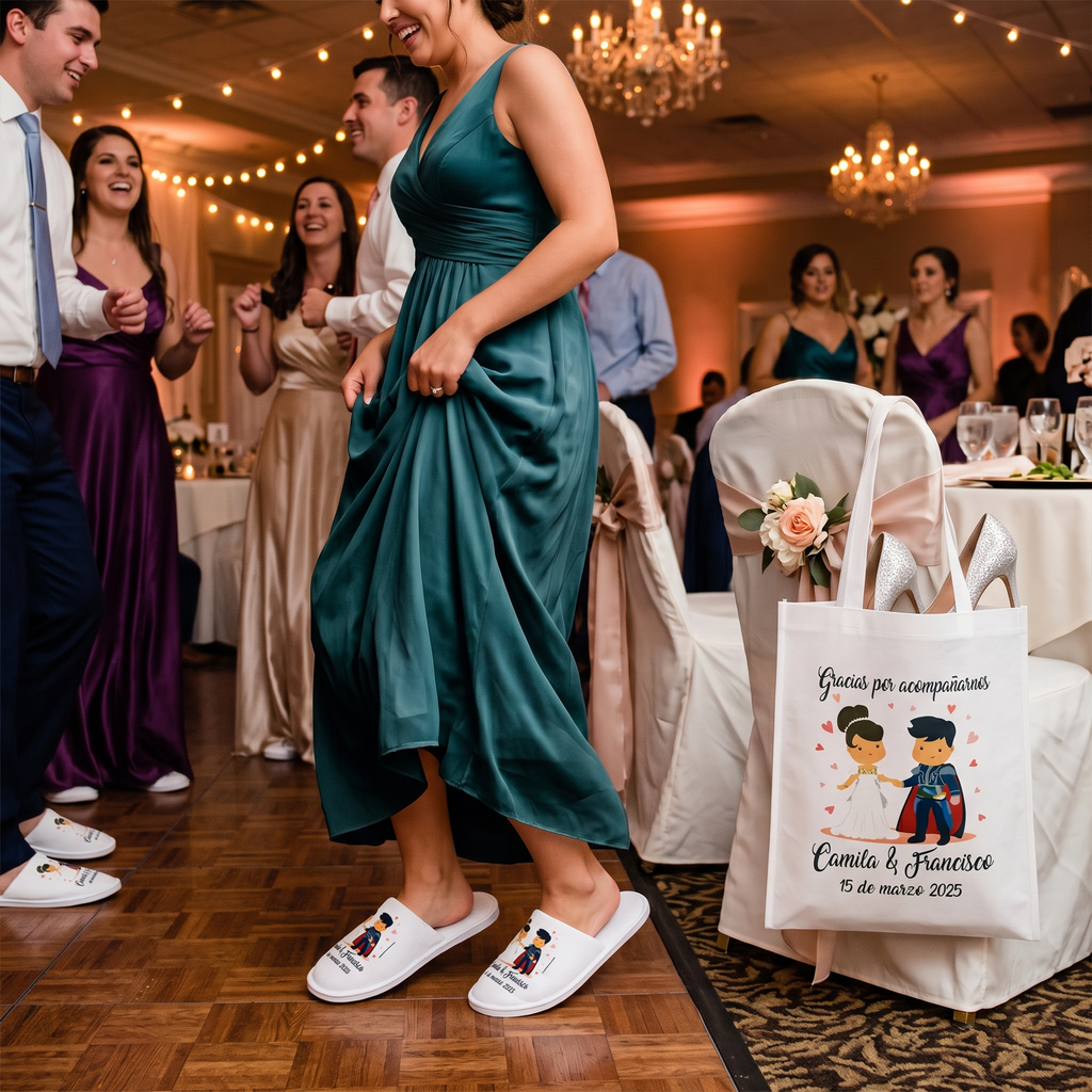 Pack Kits Recuerdo Personalizado para Matrimonio – Bolsas con fuelle + Pantuflas